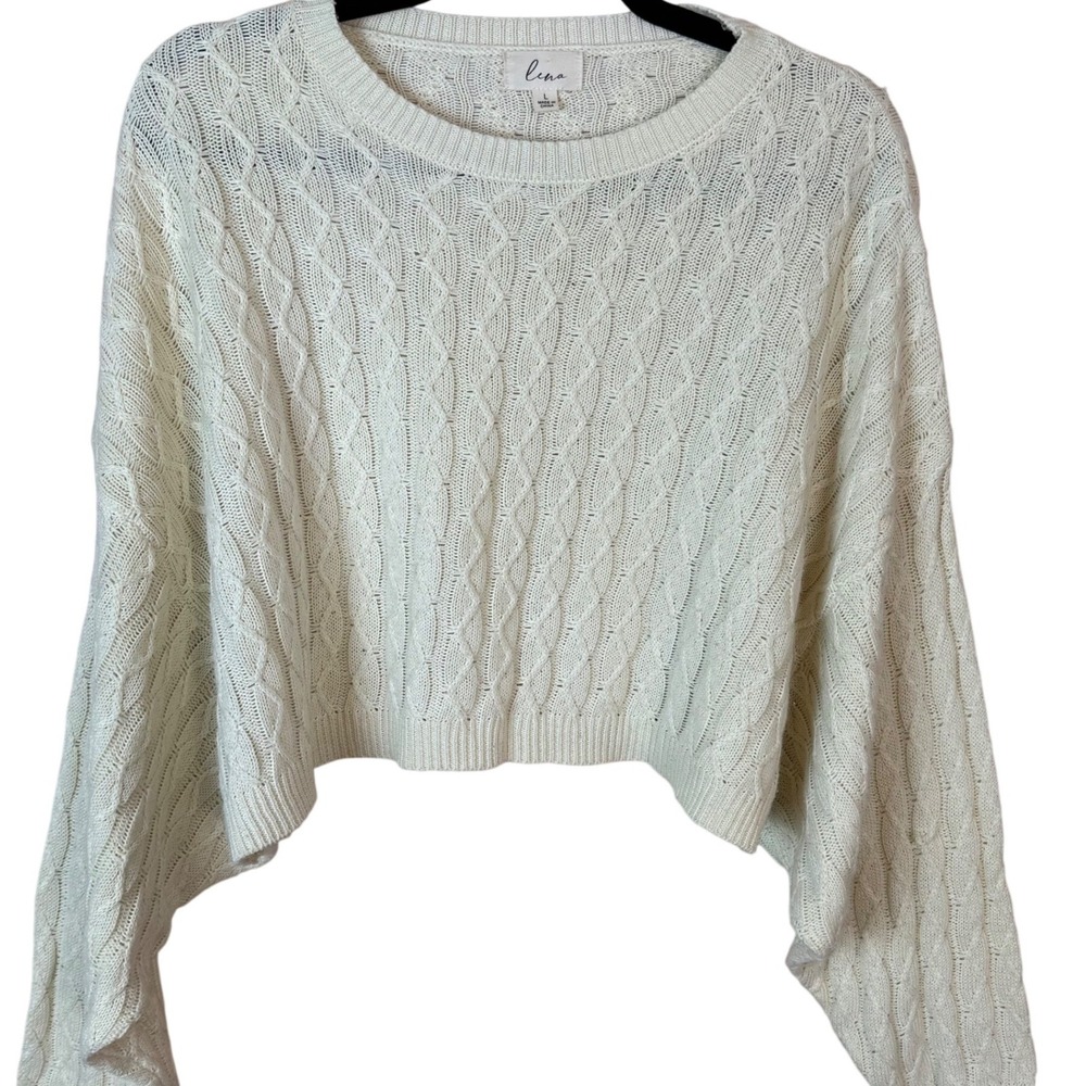 Lina Cream Cable Knit Cropped Sweater Women's Size L‎ Bell Sleeve